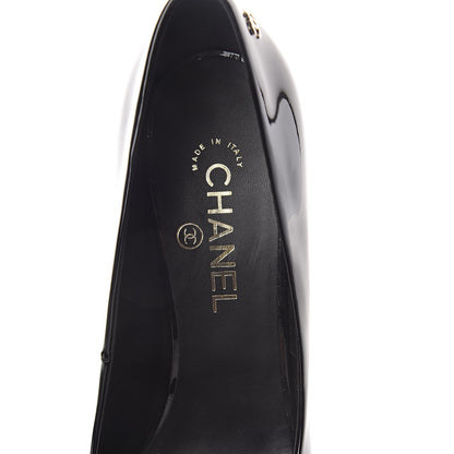 Chanel Patent Pearl Embellished Heel Peep Toe CC Pumps 41 Black 5 of 8
