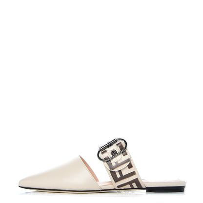 Fendi Vitello FF Embossed Buckle Flat Mules 37.5 Camelia Moresco 1 of 8