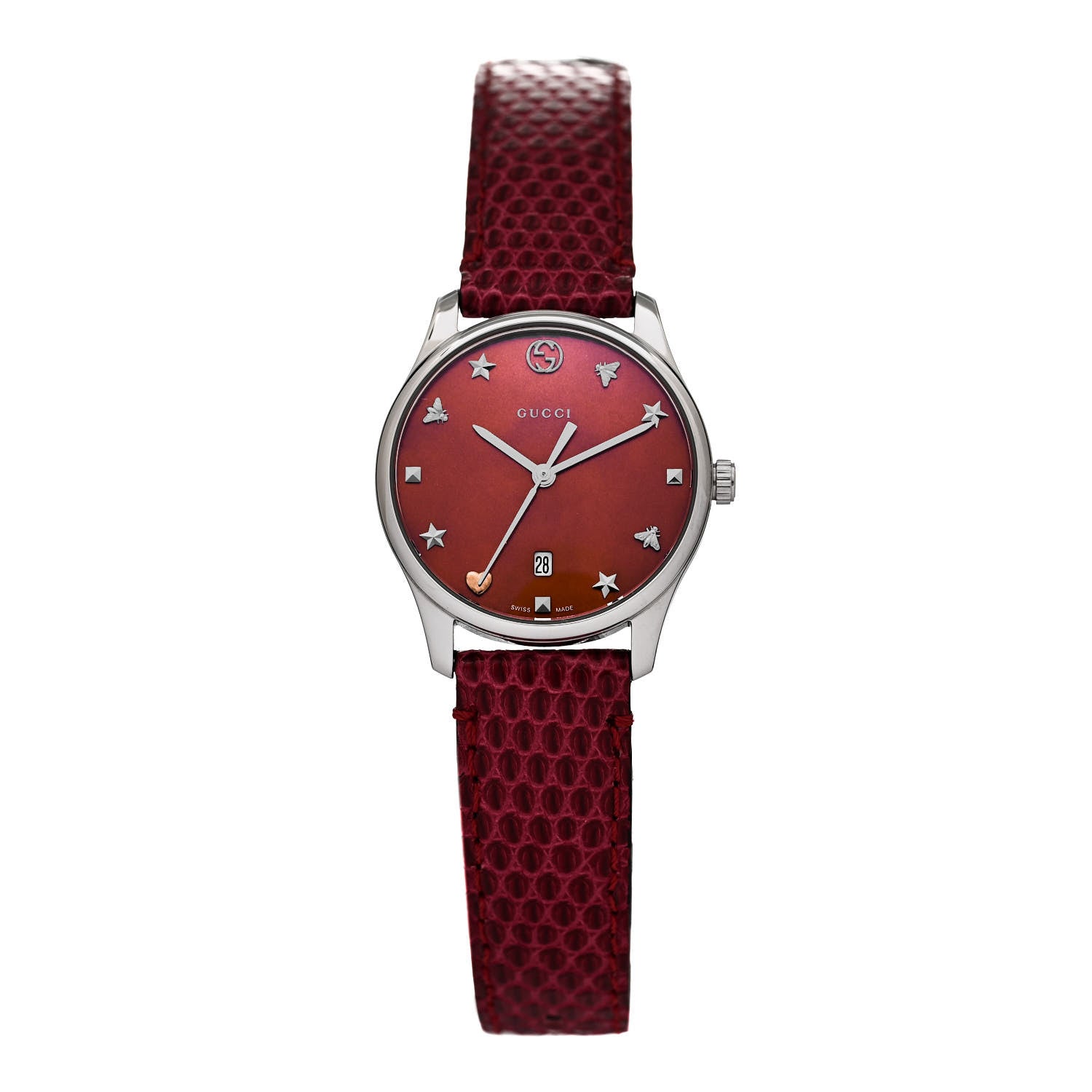 Gucci Stainless Steel Lizard Red Mother of Pearl 29mm G-Timeless Charm Quartz Watch 1 of 5