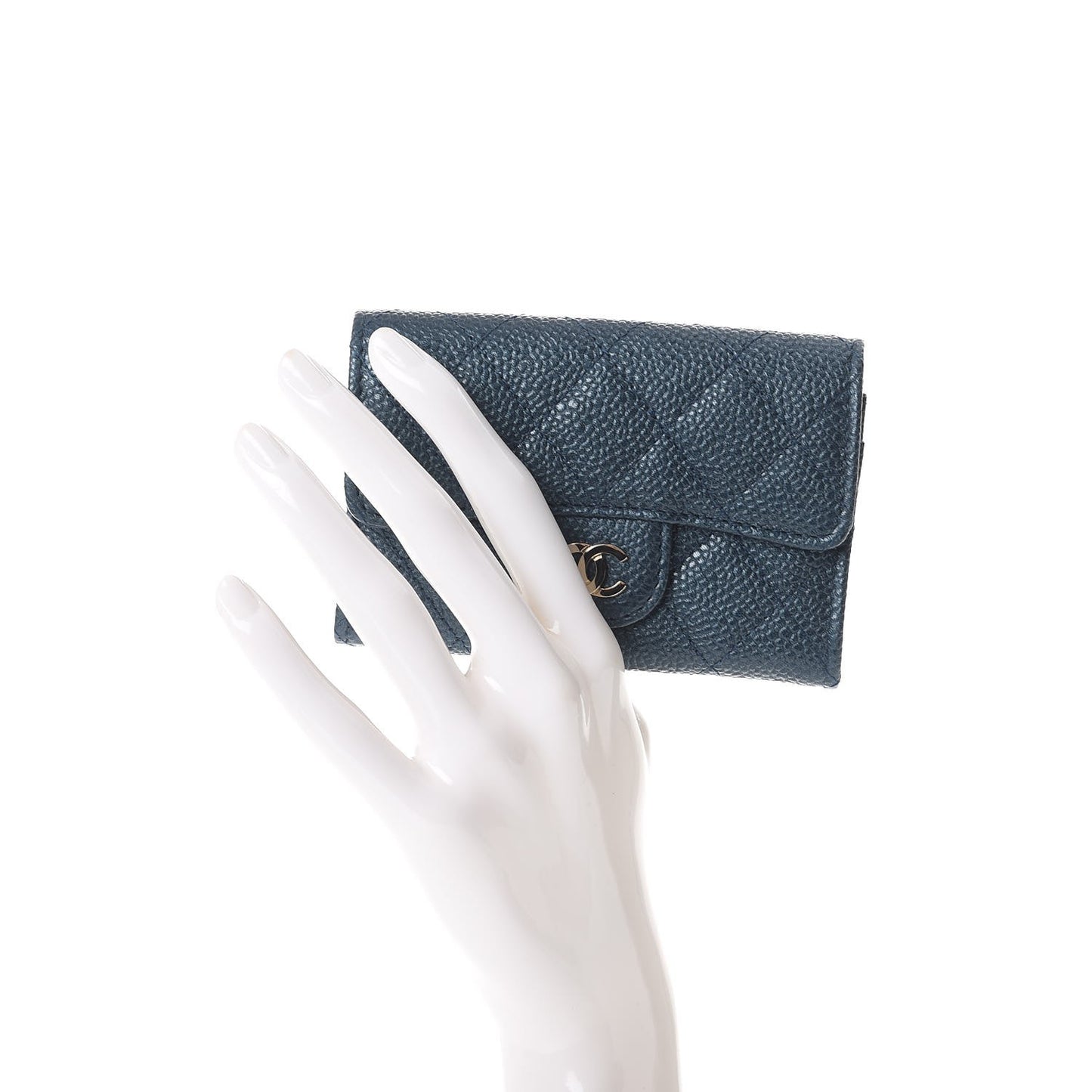 Metallic Caviar Quilted Flap Card Holder Dark Blue