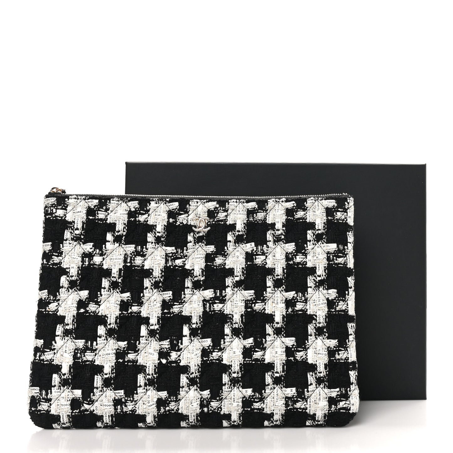 Tweed Quilted Medium Cosmetic Pouch Black Ecru White