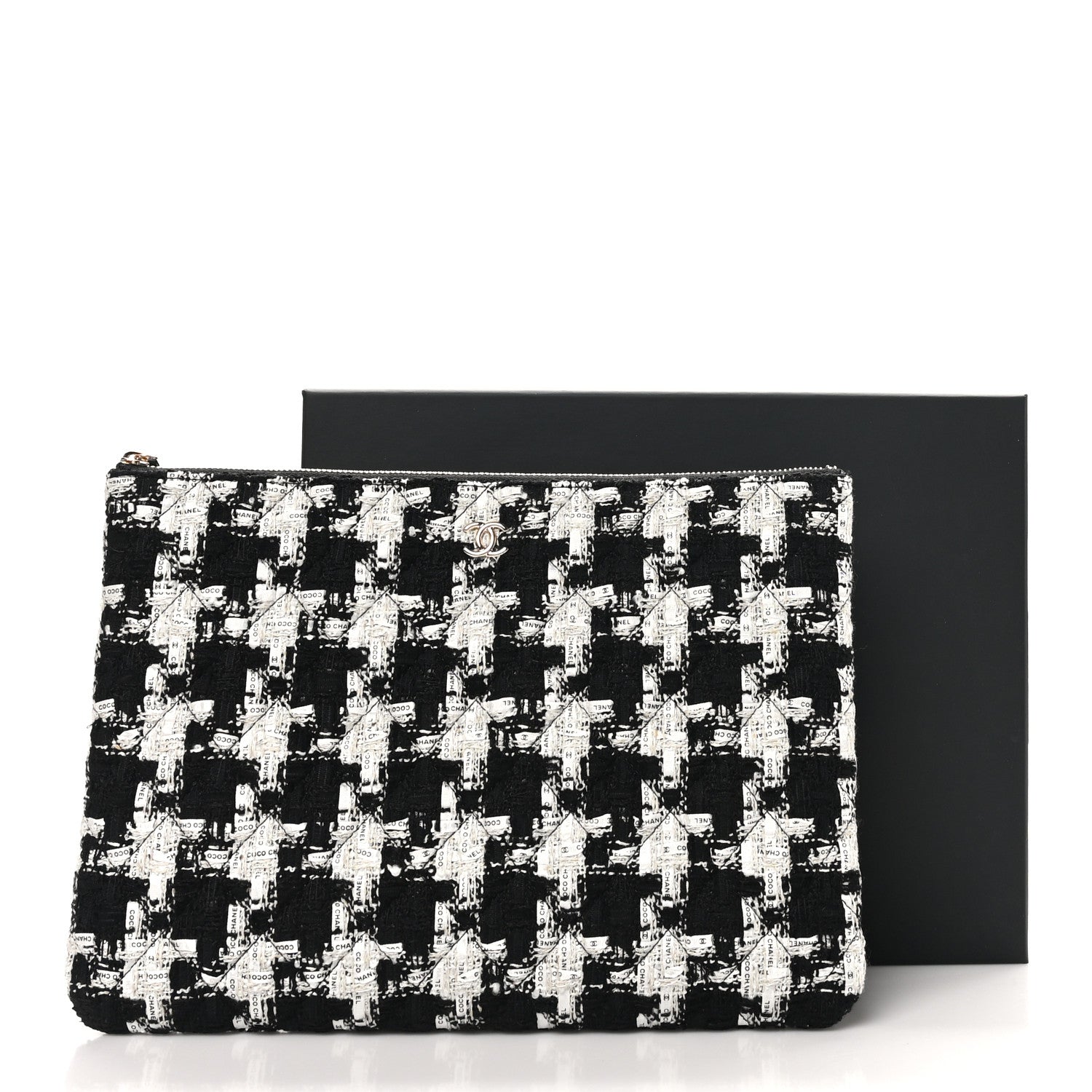 Chanel Tweed Quilted Medium Cosmetic Pouch Black Ecru White 9 of 9