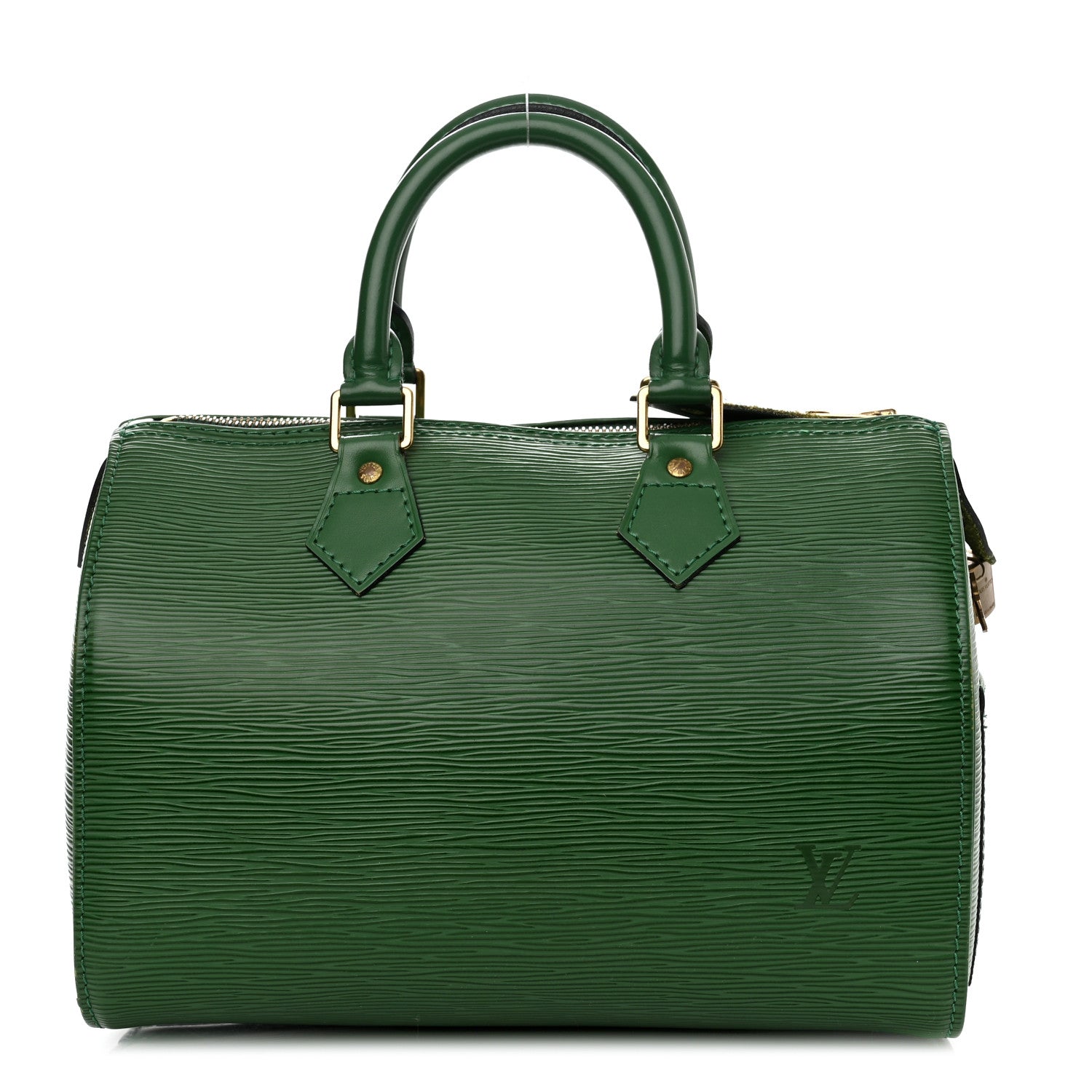 this is a product image by FASHIONPHILE of a green LOUIS VUITTON Epi Speedy 25 in the color Borneo