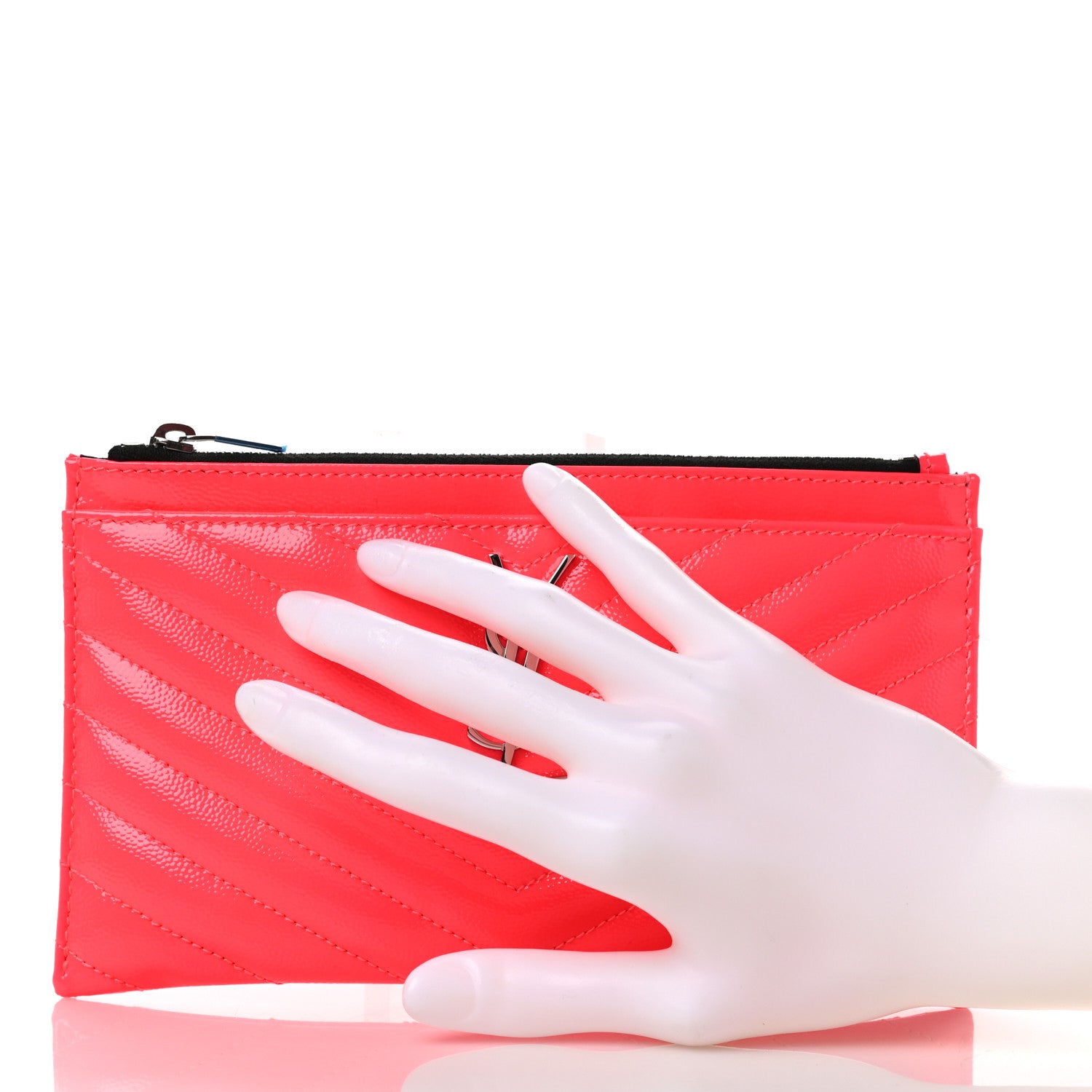 Saint Laurent Patent Grain De Poudre Matelasse Chevron Monogram Bill Pouch Neon Pink 2 of 6
