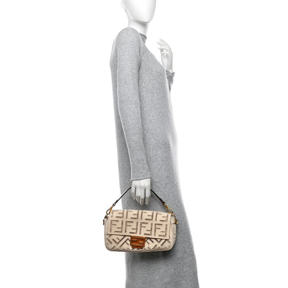 Fendi Canvas Cuoio Agata FF Ajour Embroidered Baguette Grezzo Cuoio 2 of 11