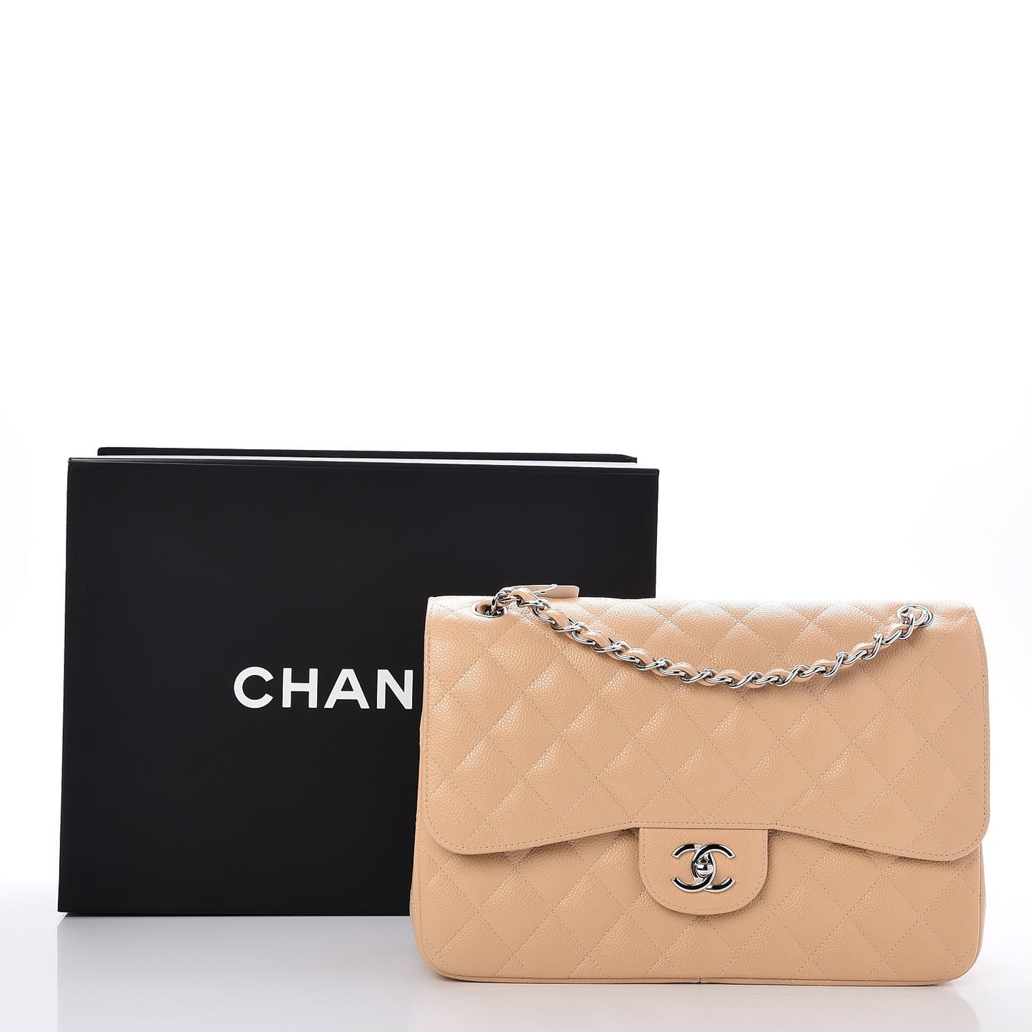 Caviar Quilted Jumbo Double Flap Light Beige