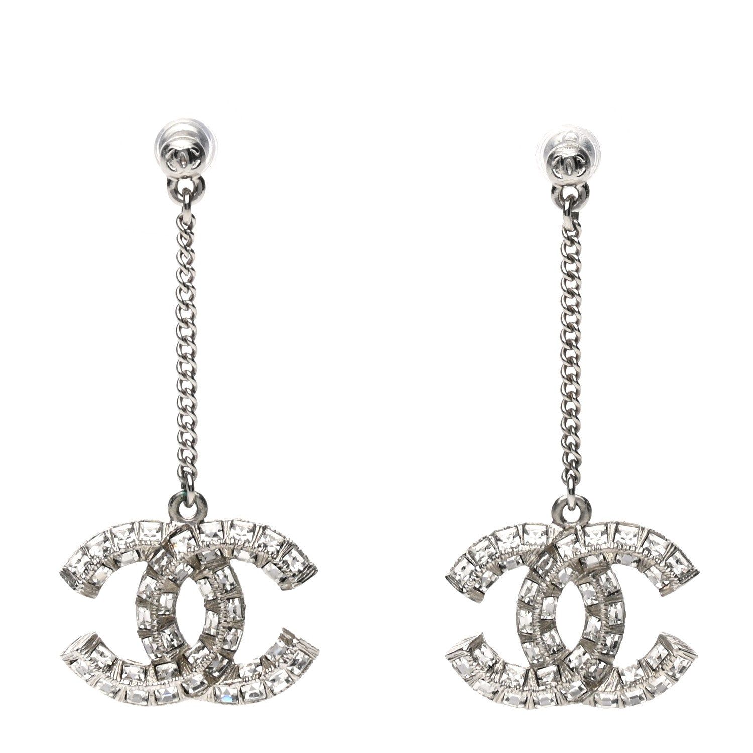 Chanel Baguette Crystal CC Drop Earrings Silver 1 of 4