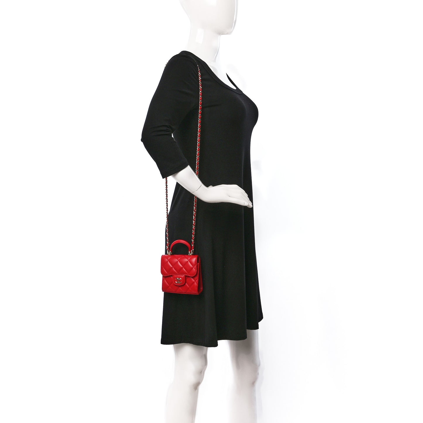 Lambskin Quilted Top Handle Flap Clutch With Chain Red