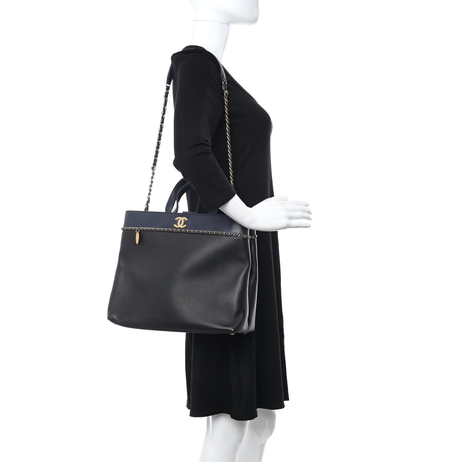 Chanel Lambskin Caviar Lovely Chains Shopping Tote Black Navy 2 of 13