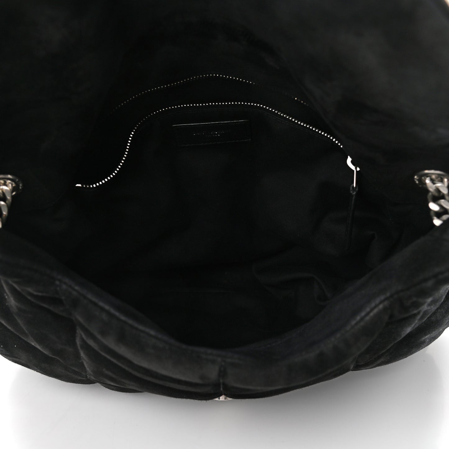 Suede Quilted Medium Loulou Puffer Monogram Chain Satchel Black