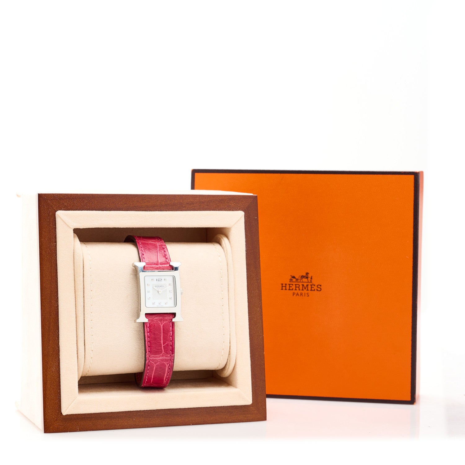 Hermes Stainless Steel Alligator Diamond Mother of Pearl 21mm Heure H Hour Quartz Watch Braise 5 of 5