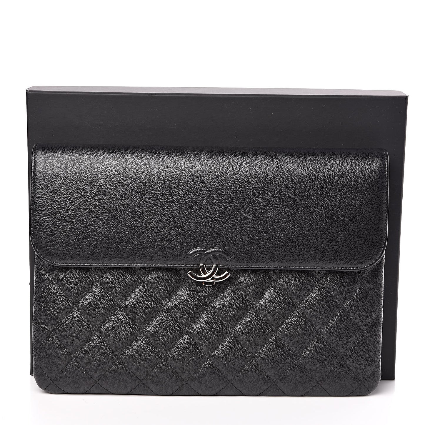 Grained Calfskin Quilted CC Box Pouch Black