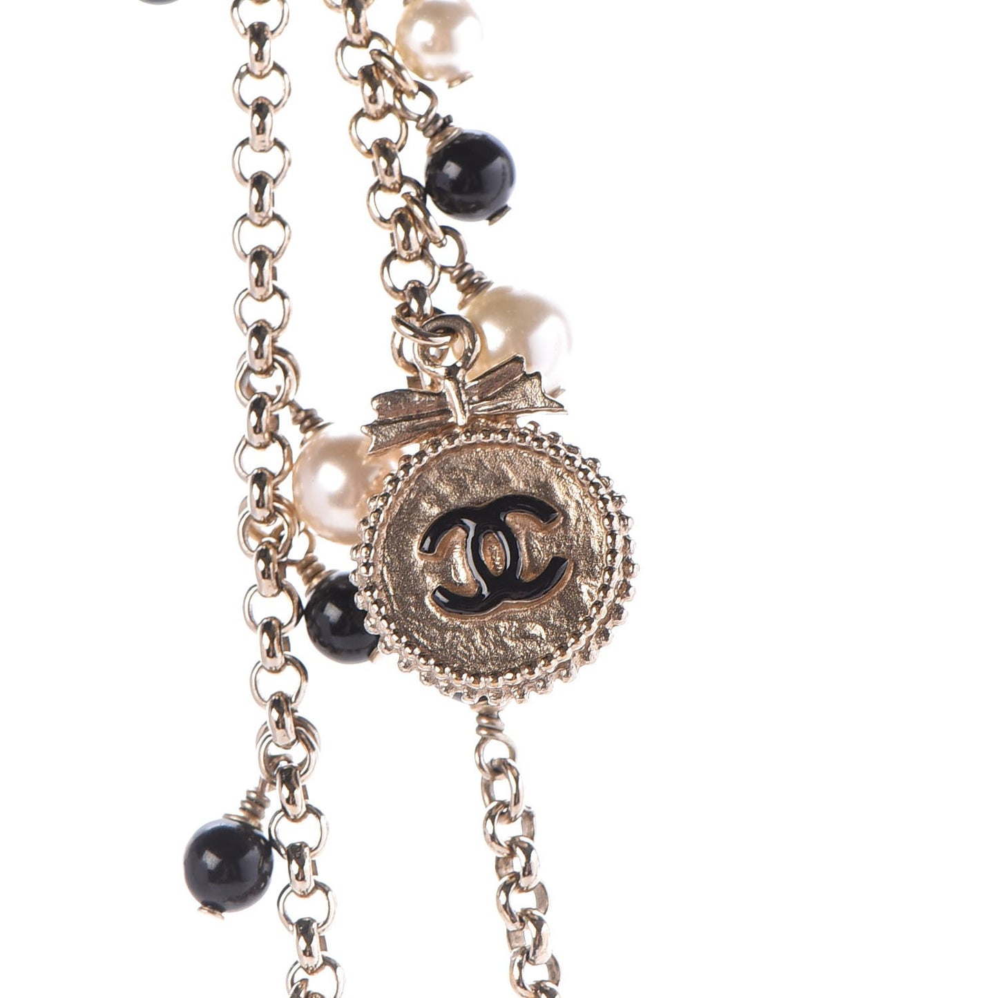 Pearl Beaded Enamel CC Coco Long Necklace Black Gold