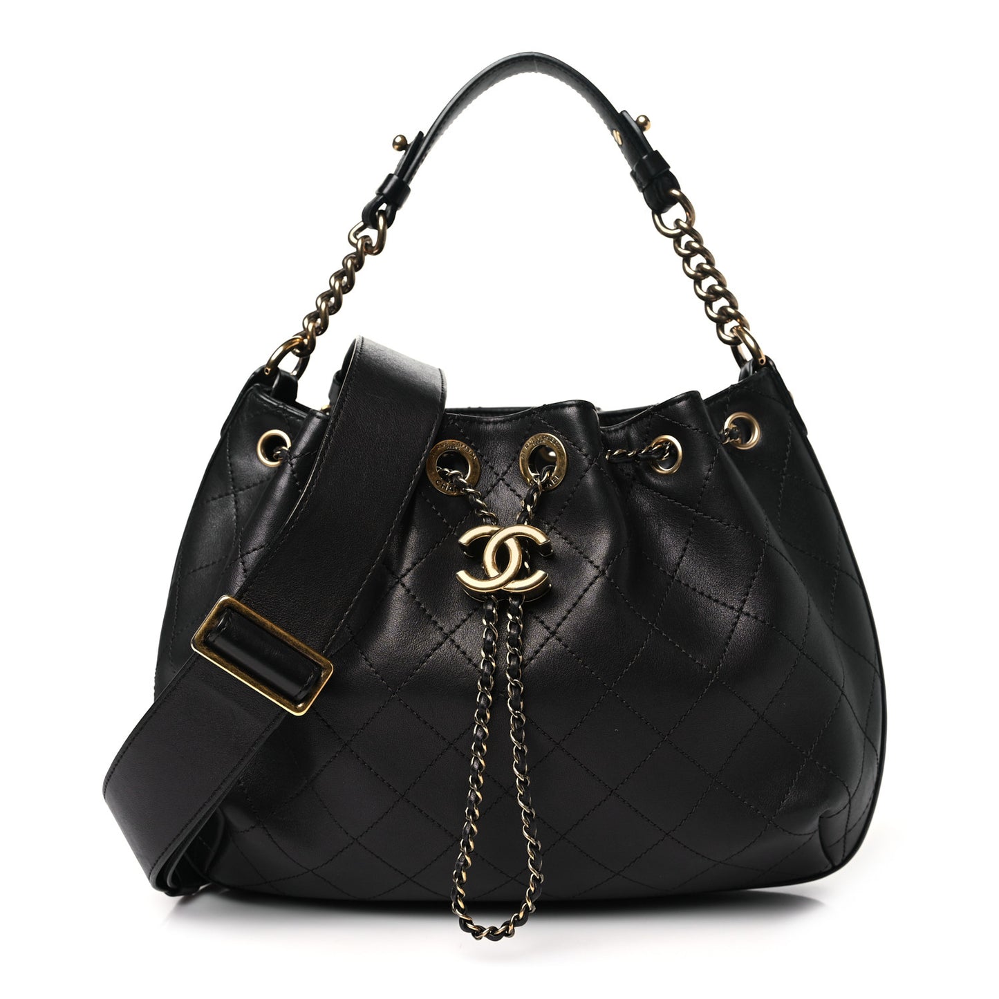 Calfskin Stitched Small Paris Rome Drawstring CC Bag Black