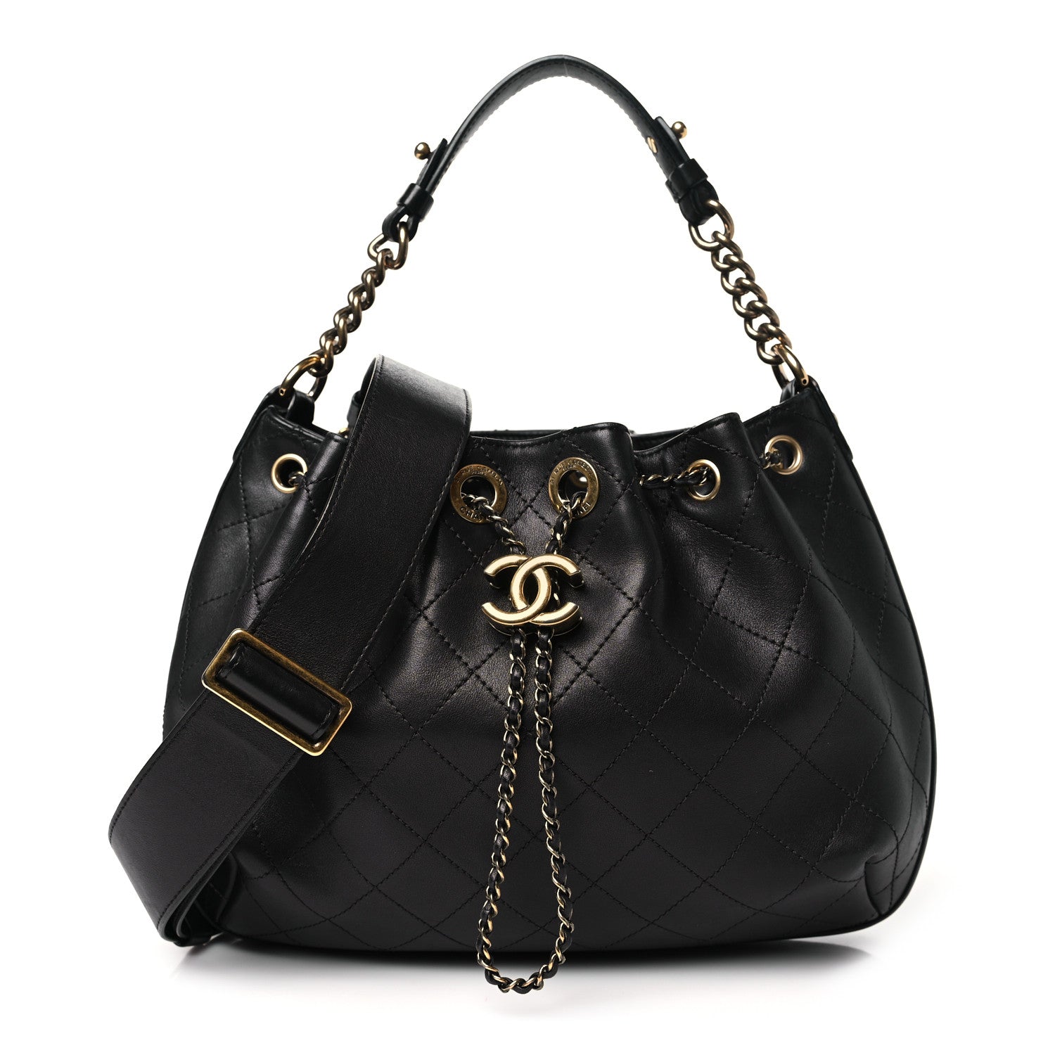 Chanel Calfskin Stitched Small Paris Rome Drawstring CC Bag Black 1 of 10