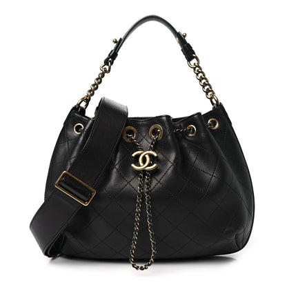 Chanel Calfskin Stitched Small Paris Rome Drawstring CC Bag Black 1 of 10