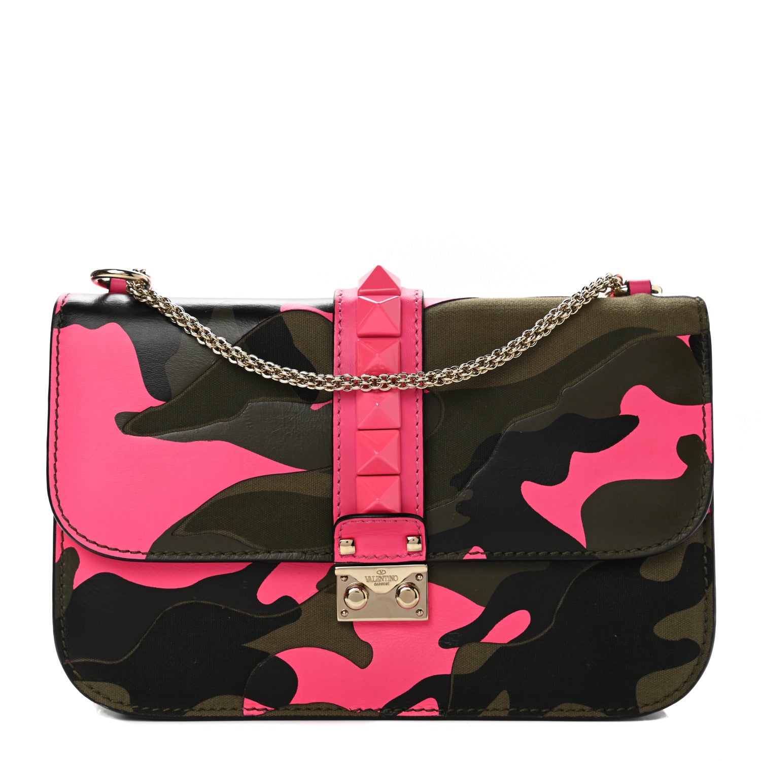 Valentino Garavani Nappa Canvas Camouflage Medium Glam Lock Rockstud Flap Fuxia Fluo 1 of 13