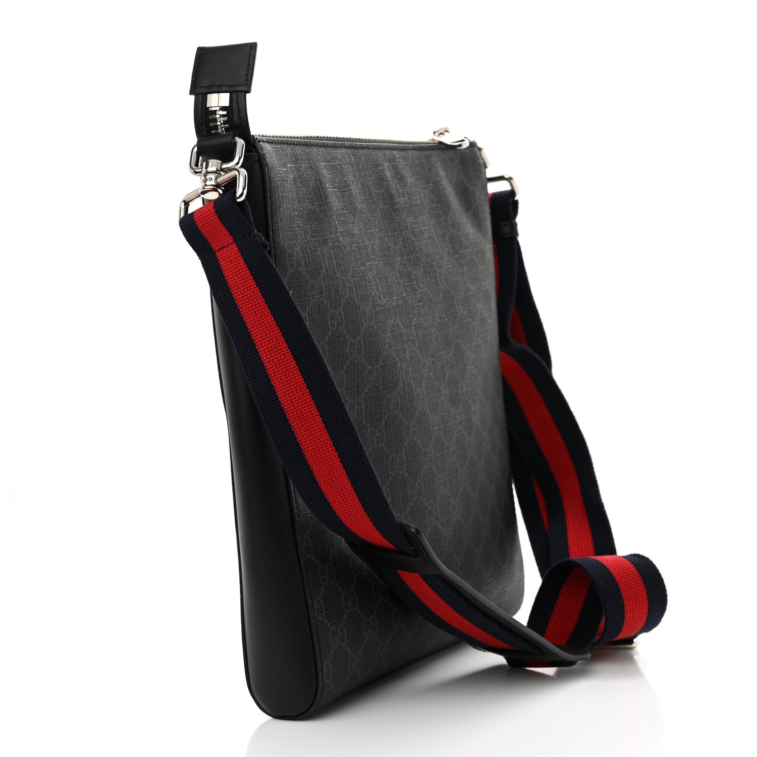Gucci GG Supreme Monogram Appia Calfskin Web Flat Messenger Bag Black Grey 3 of 10