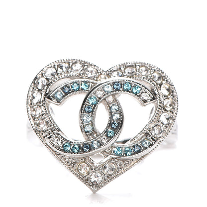 Chanel Crystal CC Heart Ring 52 6 Silver Blue 1 of 5