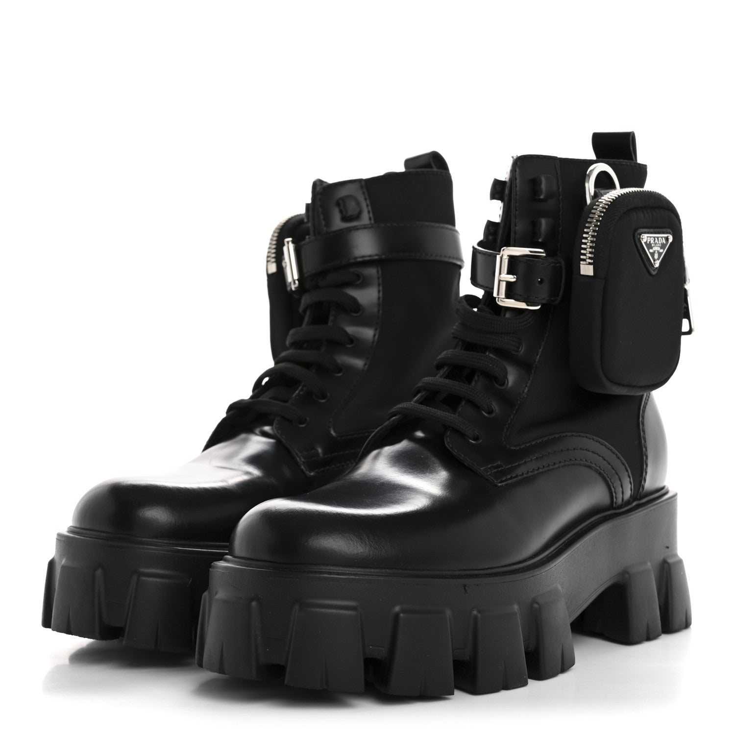 Prada Spazzolato Rois Nylon Metal Triangle Logo Monolith Pouch Pocket 55mm Boots 36.5 Black 4 of 9
