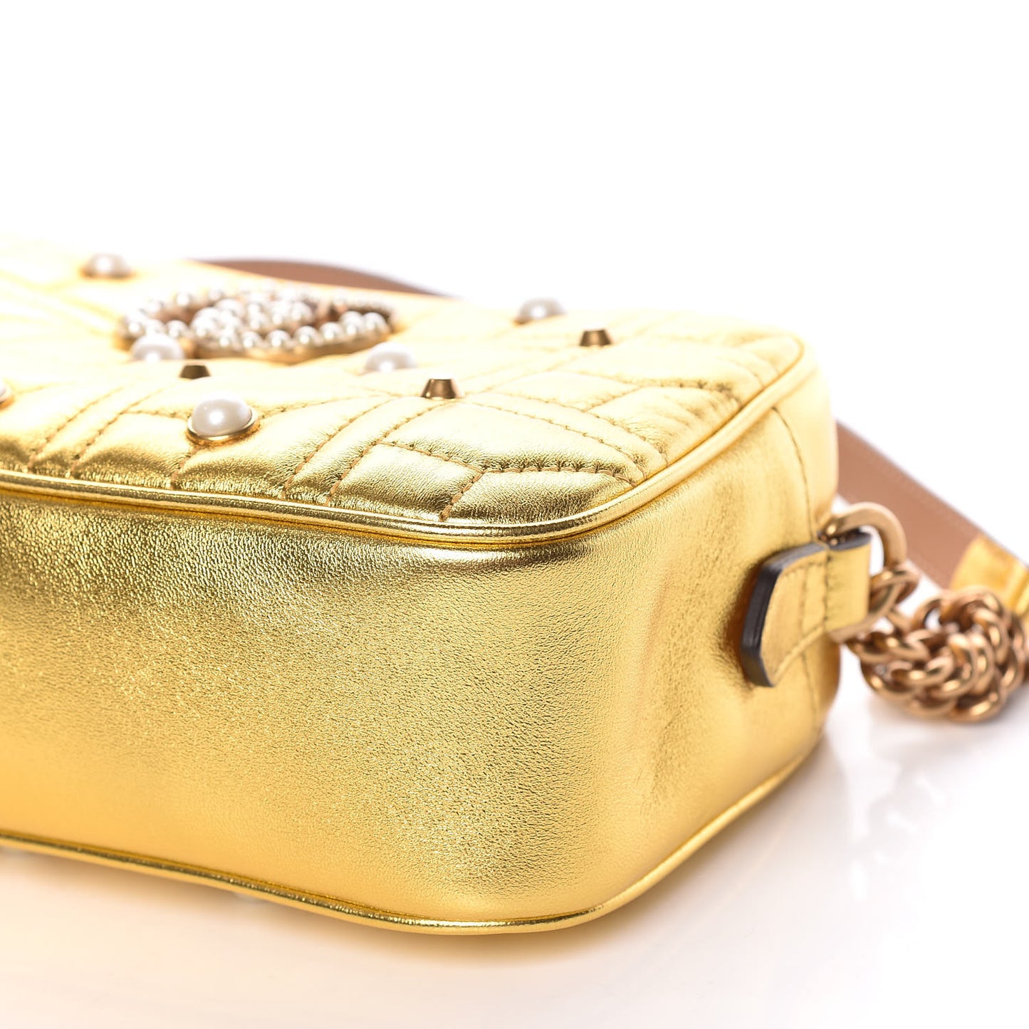 Metallic Calfskin Matelasse Studded Small Pearly GG Marmont Chain Shoulder Bag Gold