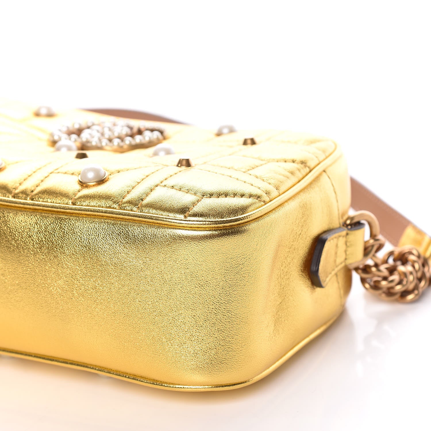 Gucci Metallic Calfskin Matelasse Studded Small Pearly GG Marmont Chain Shoulder Bag Gold 9 of 10