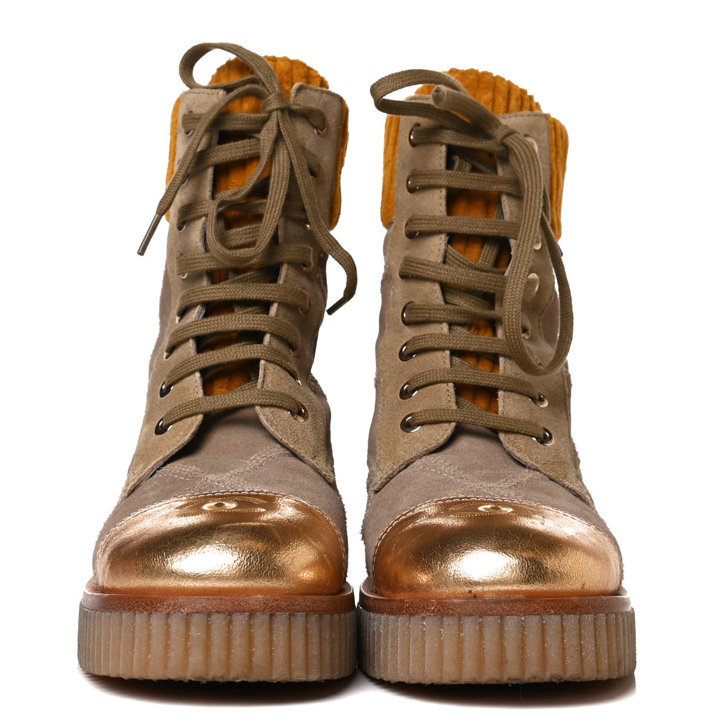 Suede Calfskin Velvet Quilted CC Combat Boots 37 Beige Yellow Gold