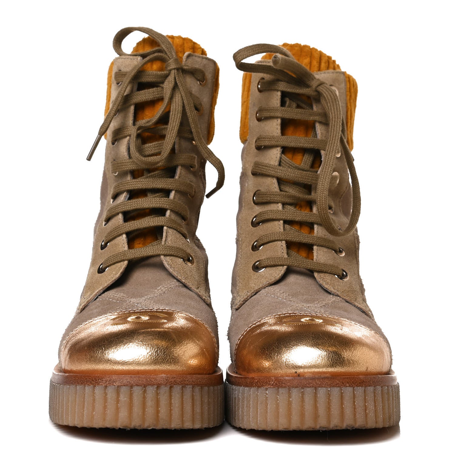 Chanel Suede Calfskin Velvet Quilted CC Combat Boots 37 Beige Yellow Gold 2 of 11