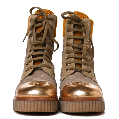 Chanel Suede Calfskin Velvet Quilted CC Combat Boots 37 Beige Yellow Gold 2 of 11