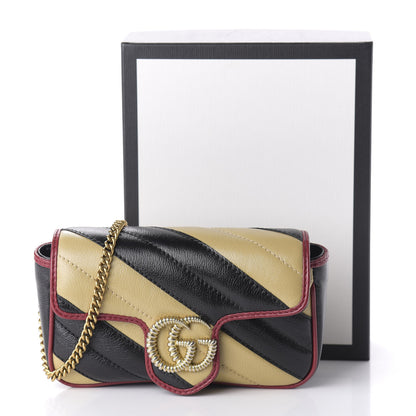 Gucci Vintage Effect Calfskin Matelasse Diagonal Striped Super Mini Torchon GG Marmont Shoulder Bag Black Beige 11 of 11