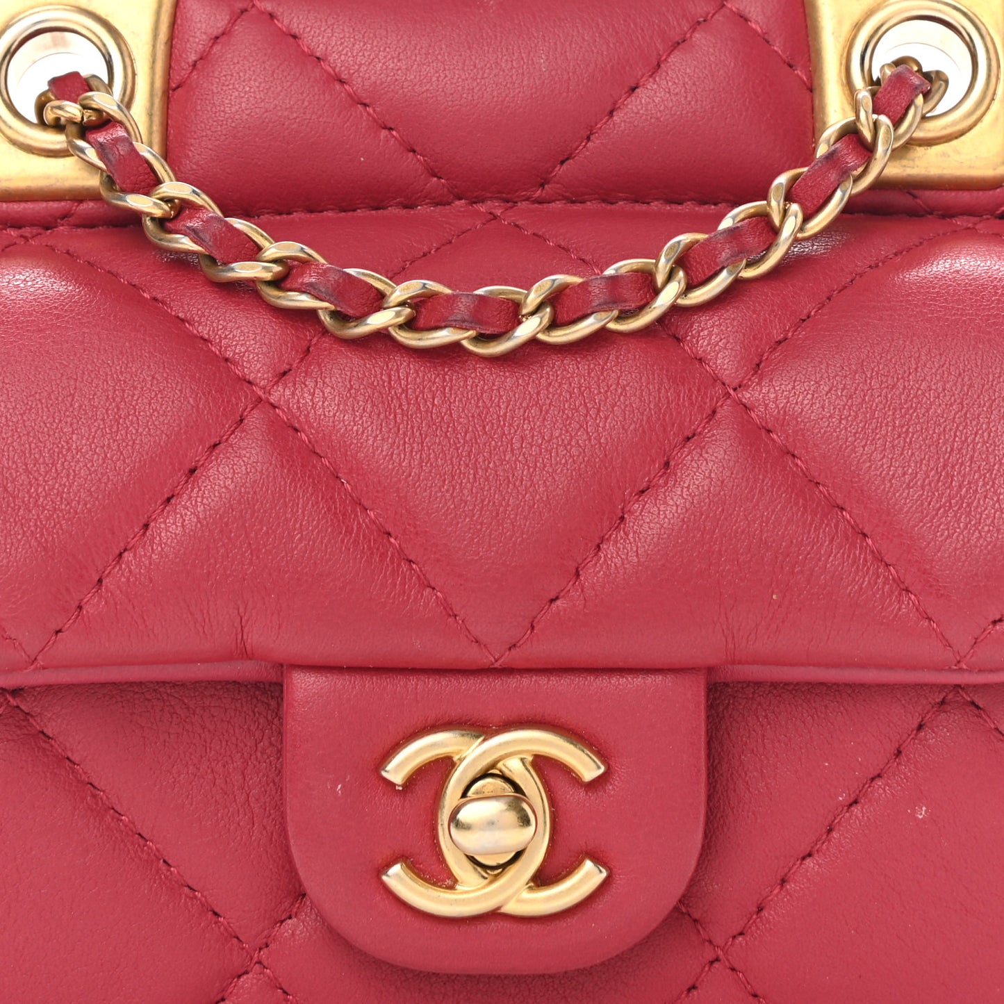 Calfskin Quilted Lady Handle Flap Card Holder With Chain Dark Pink
