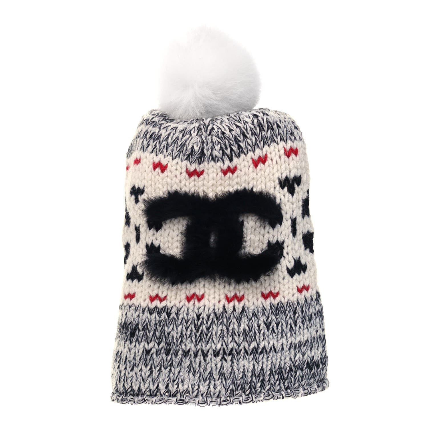 Chanel Wool Shearling CC Beanie Hat Ivory Black Red 1 of 5