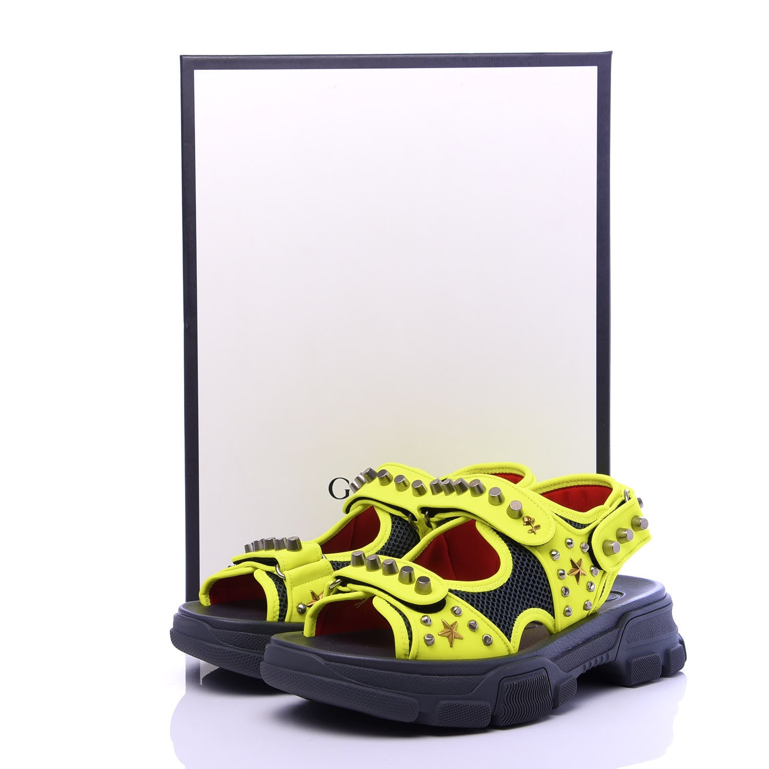 Gucci Technical Canvas Calfskin Studded Mens Aguru Sandals 8 Neon Yellow 9 of 9