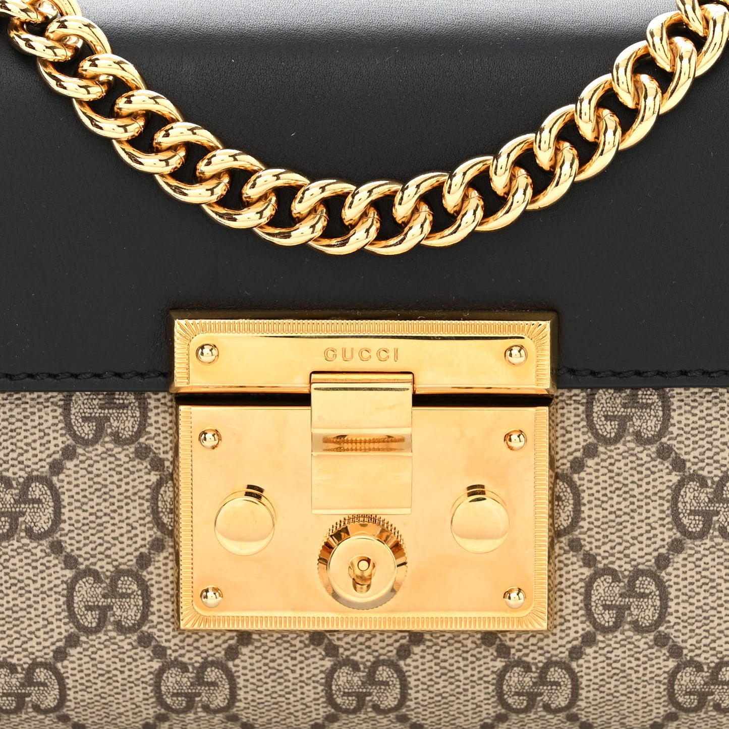 GG Supreme Monogram Calfskin Small Padlock Shoulder Bag Beige Black Cuir