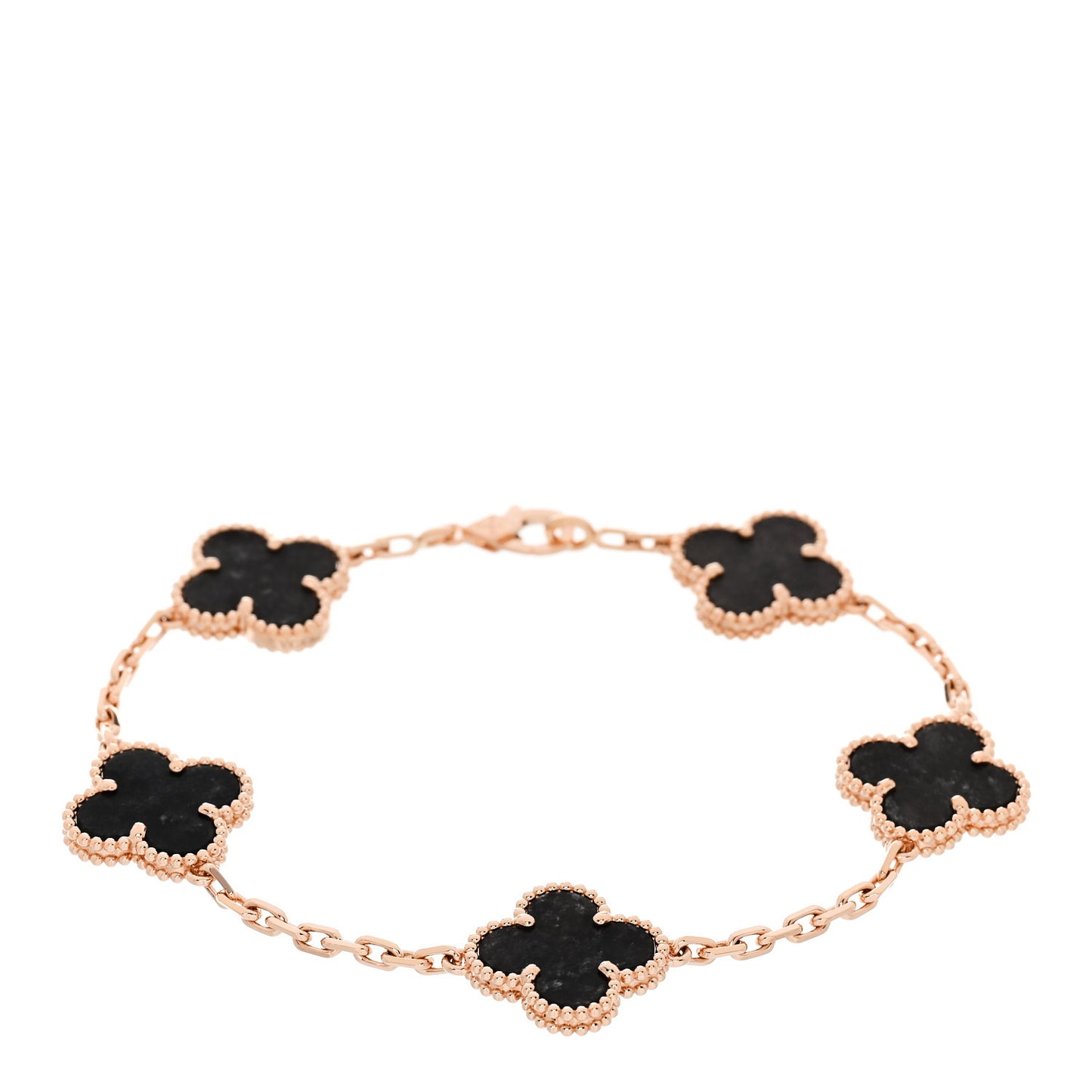 18K Rose Gold Silver Obsidian 5 Motifs Vintage Alhambra Bracelet