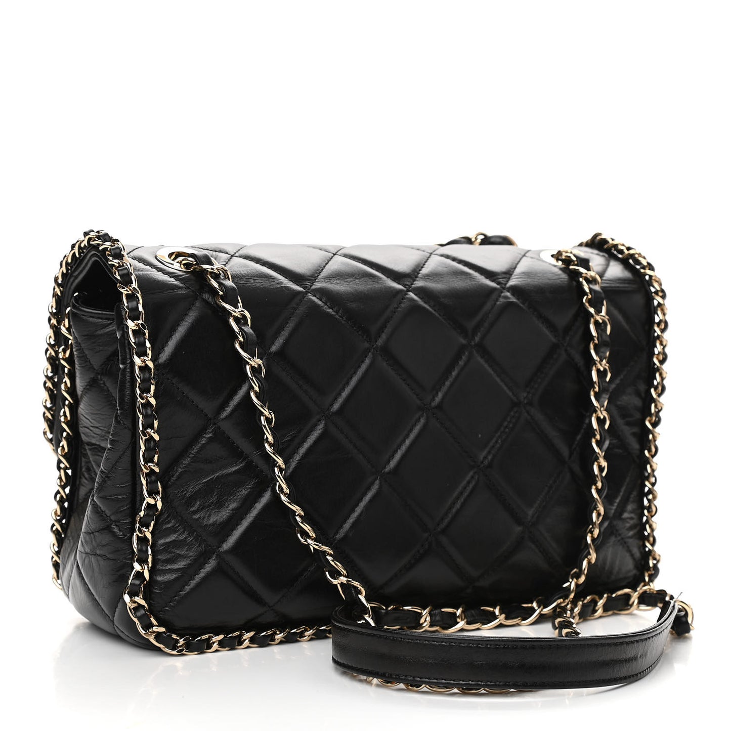 Crumpled Calfskin Quilted Large Chain All Over Flap Bag Black