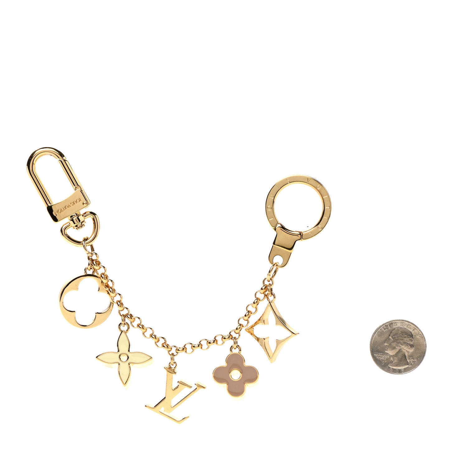 Brass Enamel Fleur De Monogram Bag Charm Chain Gold