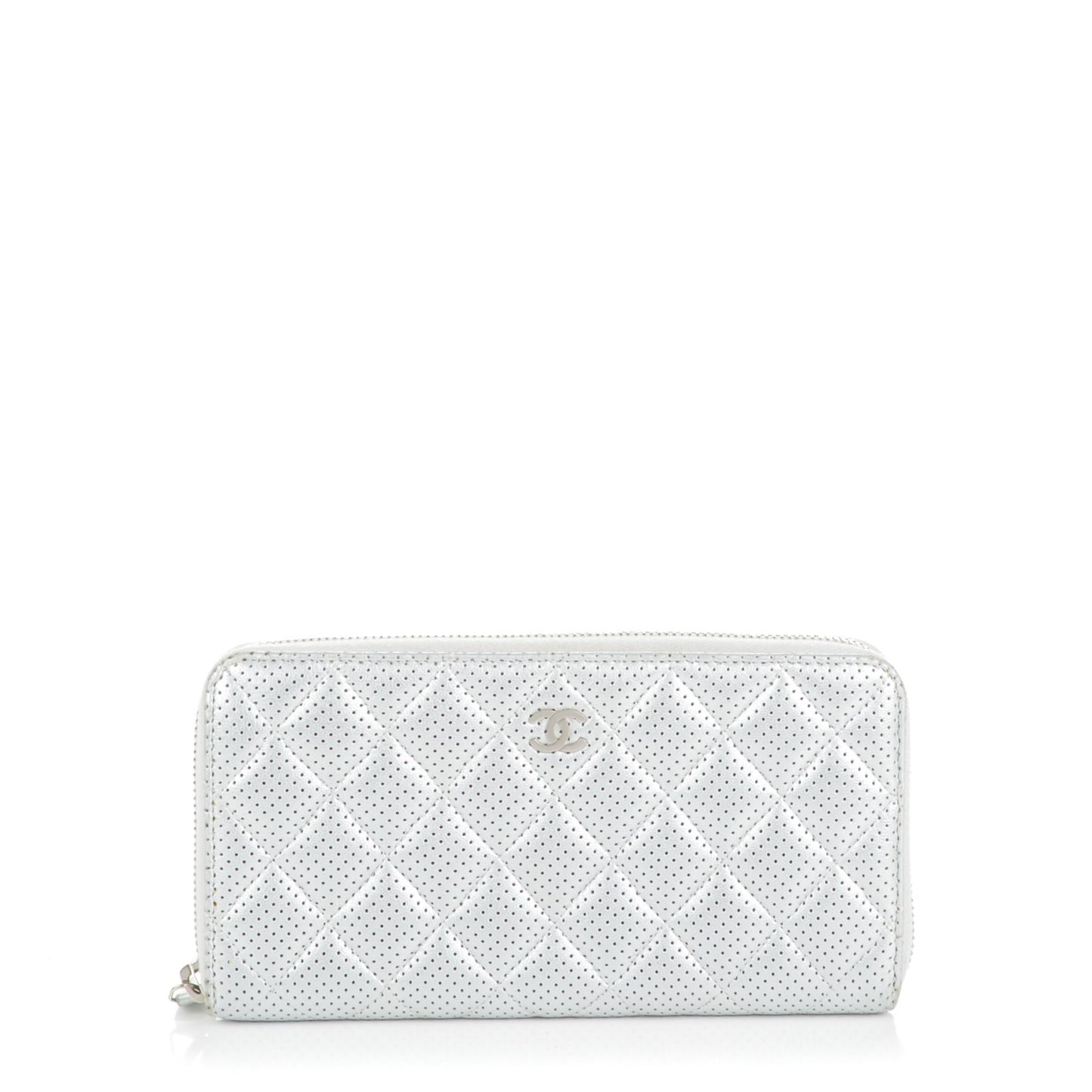 Perforated Metallic Lambskin Quilted Zip Around Wallet Light Silver