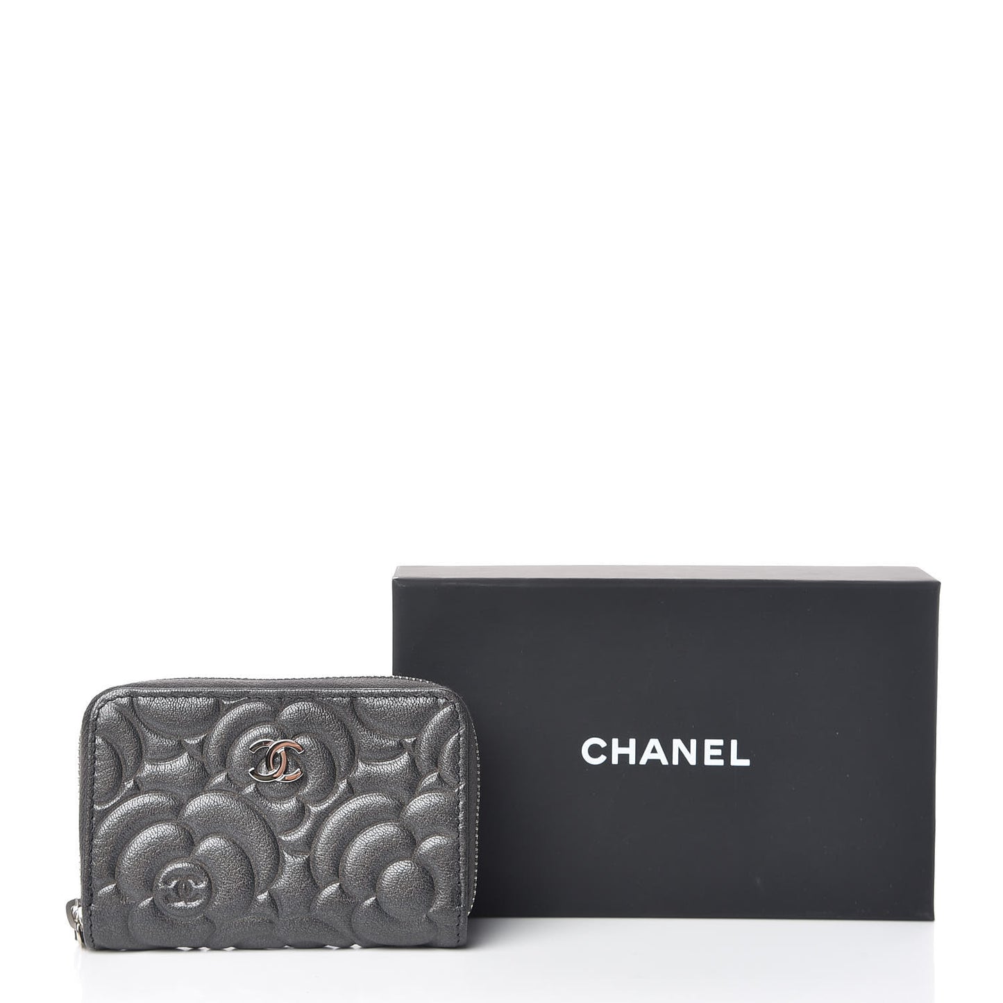 Goatskin Camellia Embossed Zip Coin Purse Anthracite