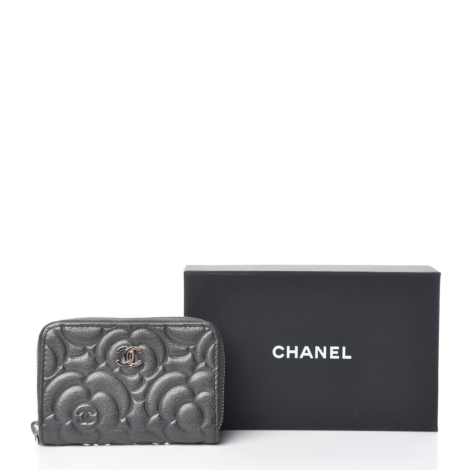 Chanel Goatskin Camellia Embossed Zip Coin Purse Anthracite 8 of 8