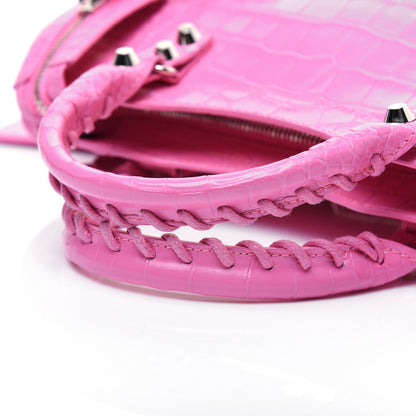 Balenciaga Shiny Supple Calfskin Crocodile Embossed Classic Silver Hardware Mini City Baby Pink 29 of 32