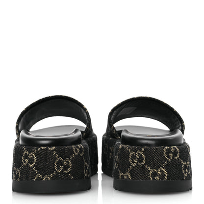 Gucci Jacquard Black Denim GG Monogram Angelina Platform 55mm Slide Sandals 35.5 Black Ivory 6 of 11