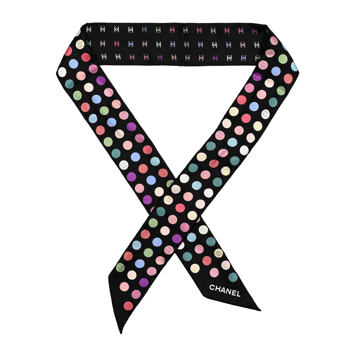 Chanel Silk Polka Dot CC Slim Bandeau Scarf Black Multicolor 1 of 4