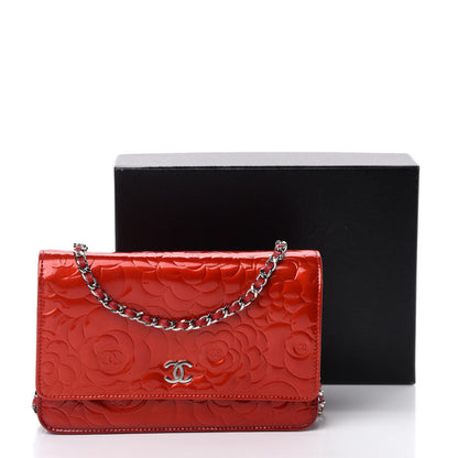 Chanel Patent Camellia Embossed Wallet On Chain WOC Dark Red 12 of 12