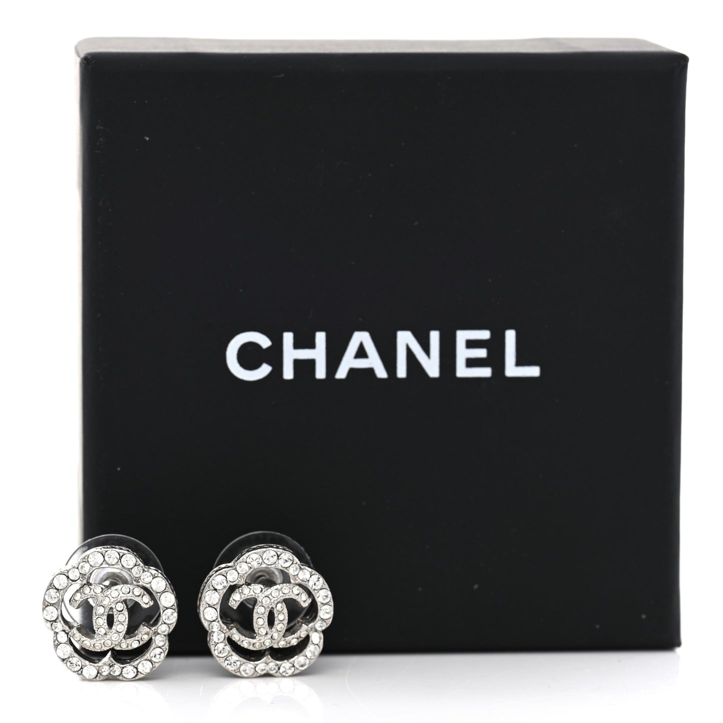 Crystal Coco Flapper Camellia CC Stud Earrings Silver
