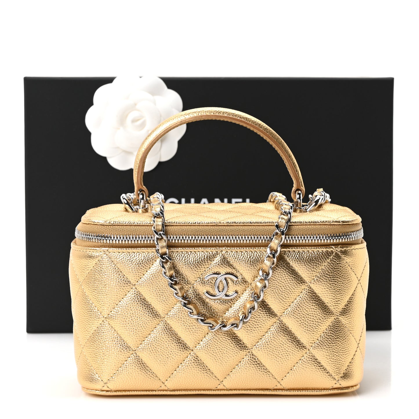 Metallic Caviar Quilted Small Top Handle Vanity Case With Chain Gold