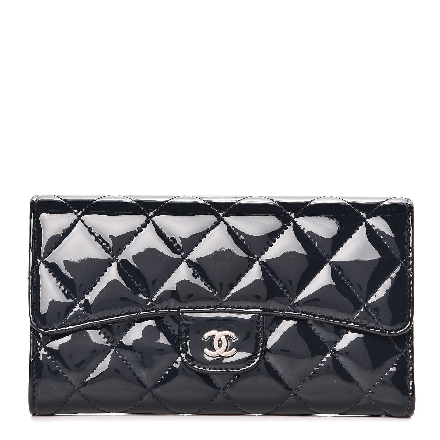 Patent Calfskin Quilted Large Flap Wallet Blue