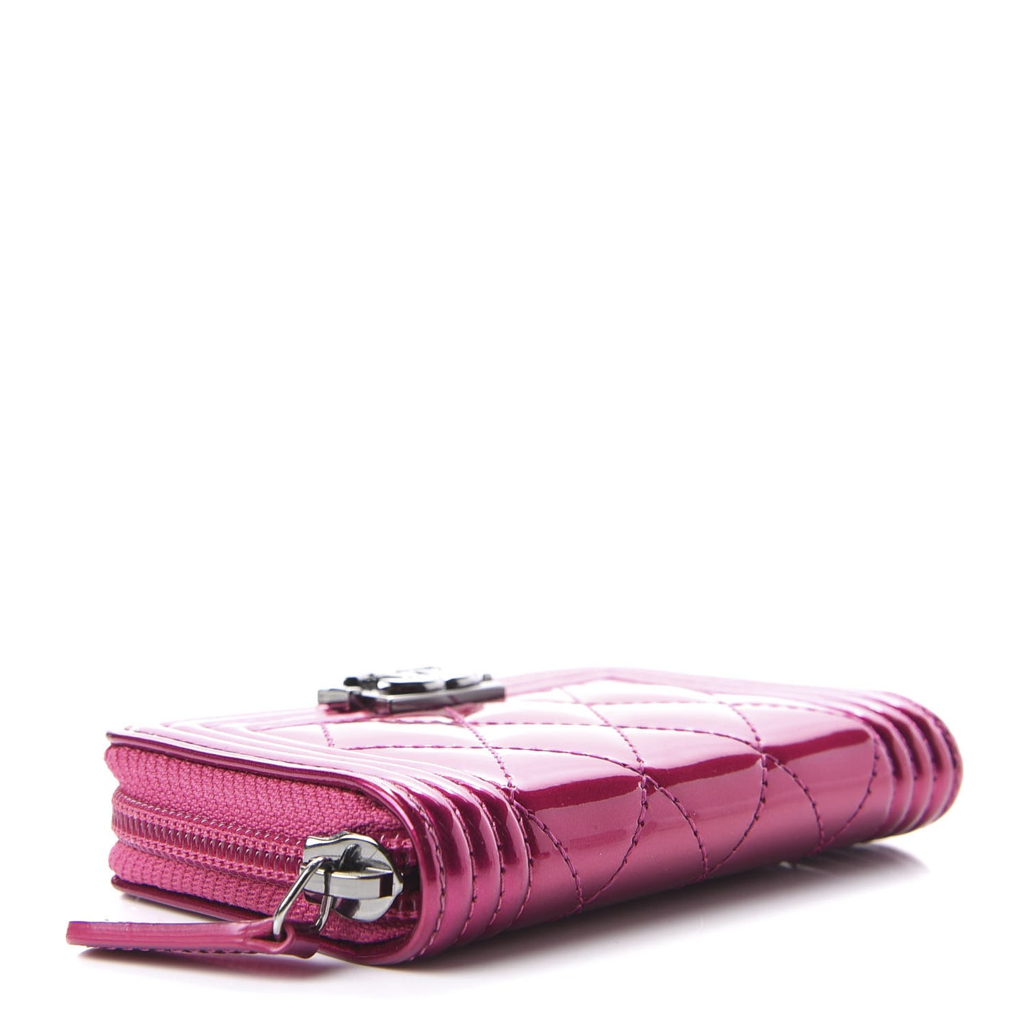 Metallic Patent Quilted Zip Around Boy Coin Purse Wallet Fuchsia