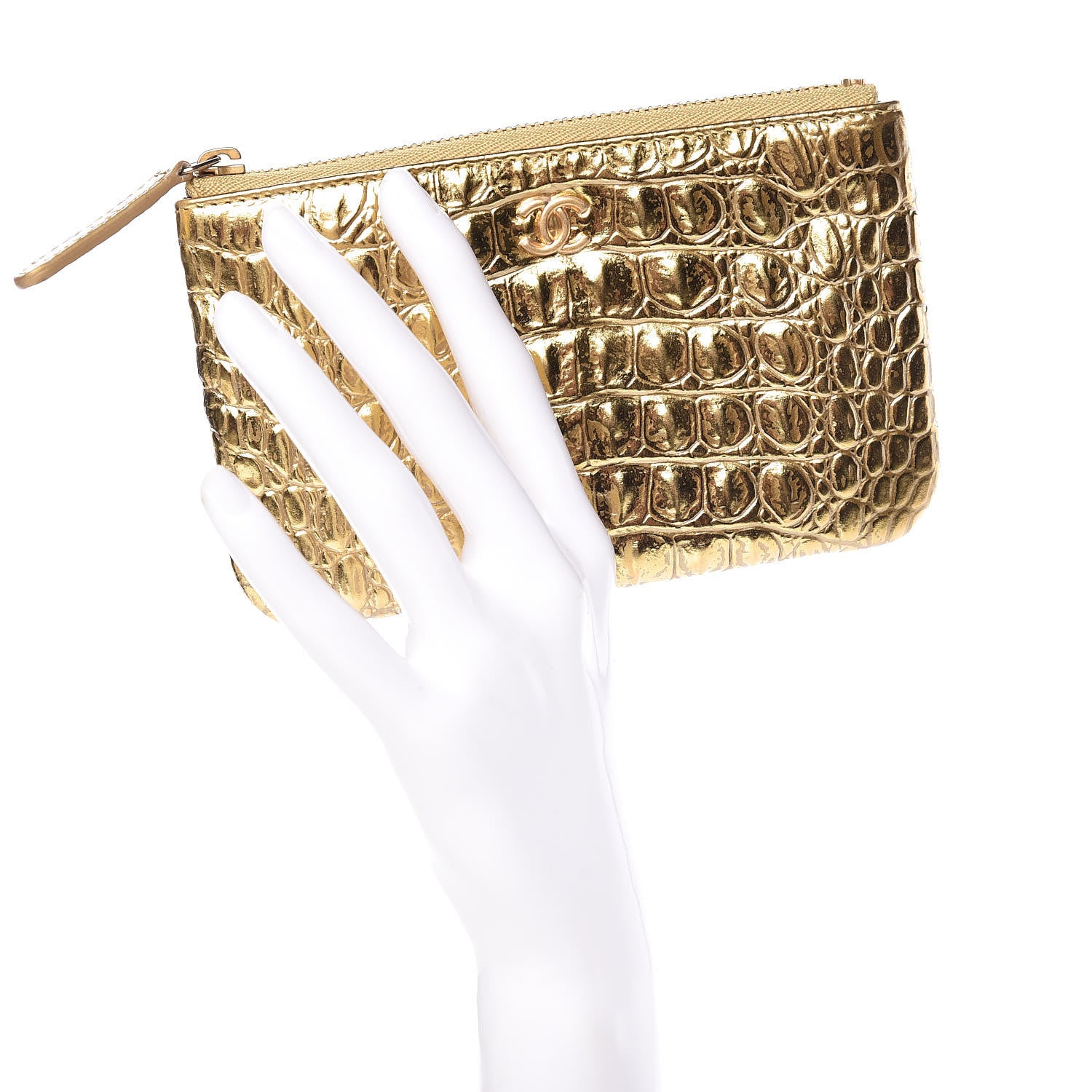 Chanel Metallic Calfskin Crocodile Embossed Cocodile Cosmetic Case Gold 2 of 8
