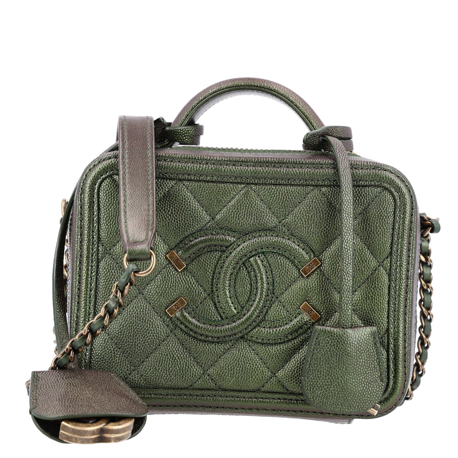 Chanel Iridescent Caviar Quilted Small CC Filigree Vanity Case Green 1 of 10